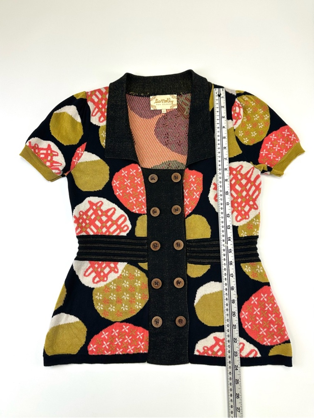 Lia Molly Retro Polka Dot Knit Cardigan Top Mod Short Sleeve Medium Anthro - Picture 7 of 12